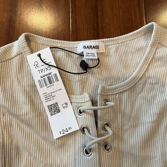 New NWT GARAGE Ribbed Lace Up Muscle Tank Top Haut‎ Pebble Gray Sleeveless Sz XS - Picture 2 of 6